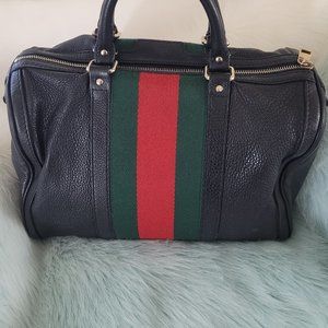 BEAUTIFUL GUCCI* WEB BOSTON*PEBBLED LEATHER HANDBAG* EXTRA WIDE STRIPE